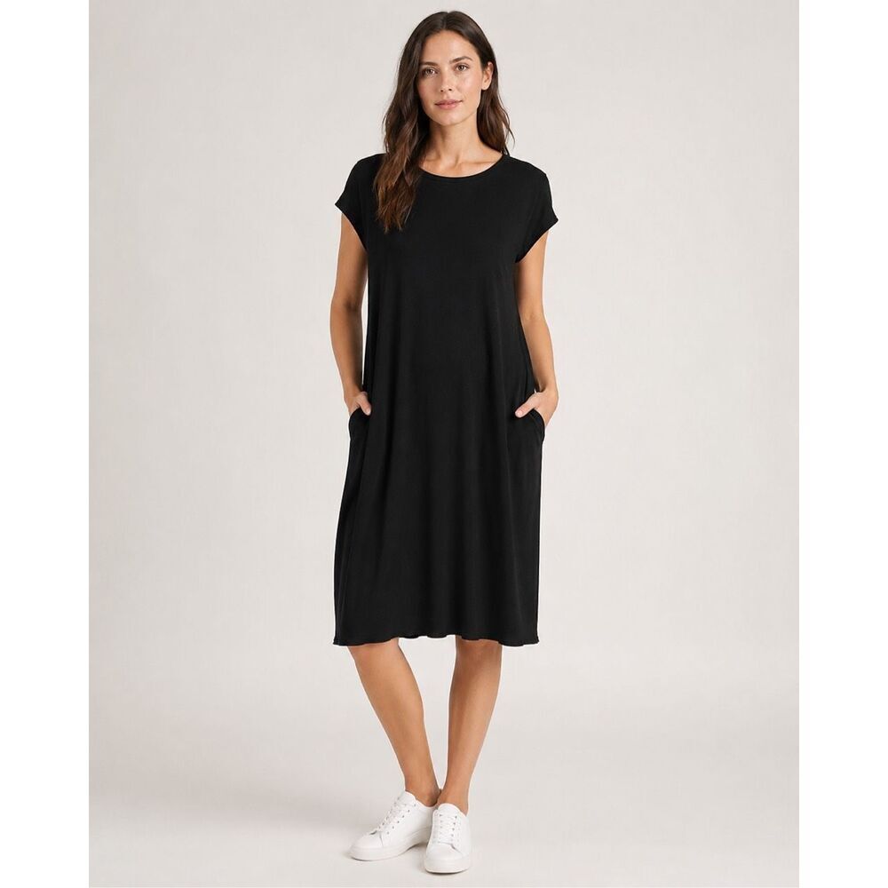 Eileen Fisher Scoop neck short sleeve knee length dress with pockets Small  #900